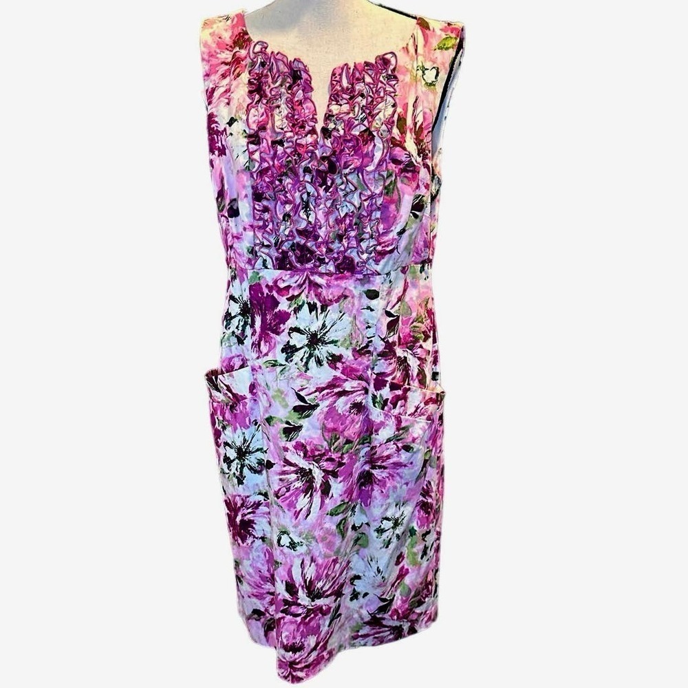 Dressbarn Watrrcolor Floral ruffle Sheath Dress Sz 10 career wear Church dress